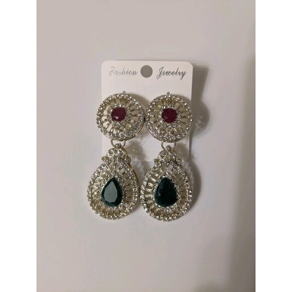 Gold Tone Dangle Earrings With Green Red And White Crystal Accents - Picture 1 of 2
